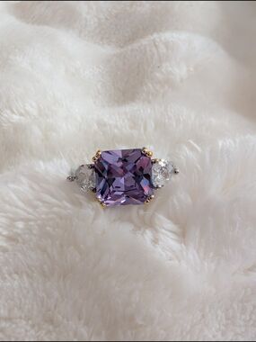 Lavender Princess Cut Statement Ring | CZ Three Stone | Size 7.25 Adjustable